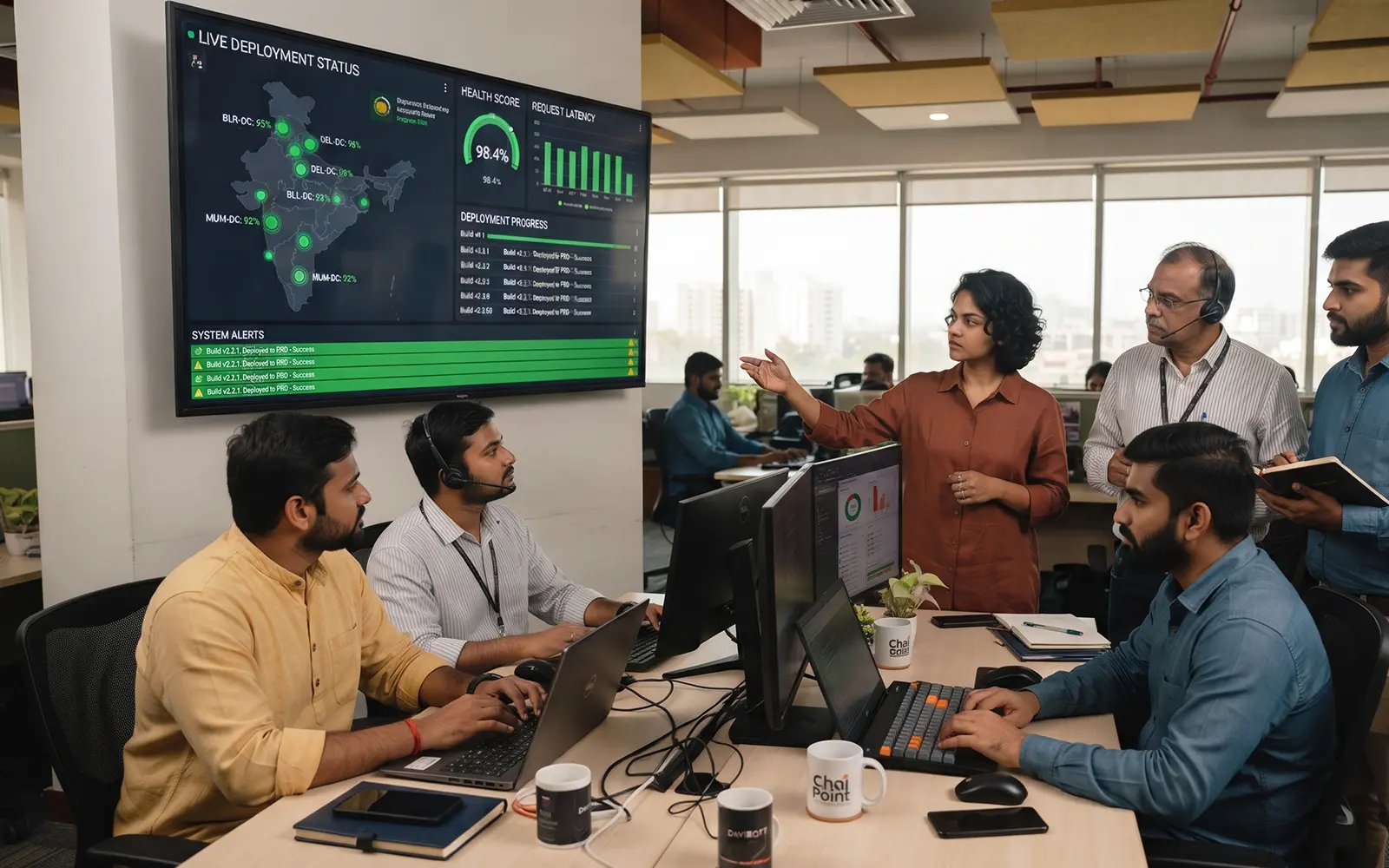 Team monitoring a live deployment dashboard